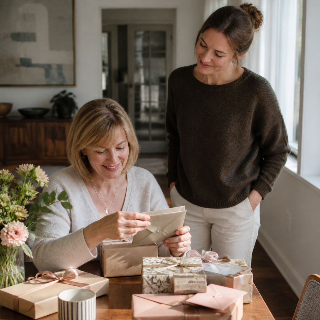 Moeder opent aan de keukentafel zorgvuldig gekozen cadeaus, met bloemen, kaart en zachte ochtendzon in een warm West-Europees interieur.