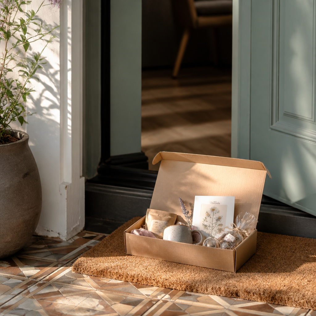 Small letterbox gift with tea, a handwritten card and wrapped treats on a tidy doormat by a softly lit front door in a European home.