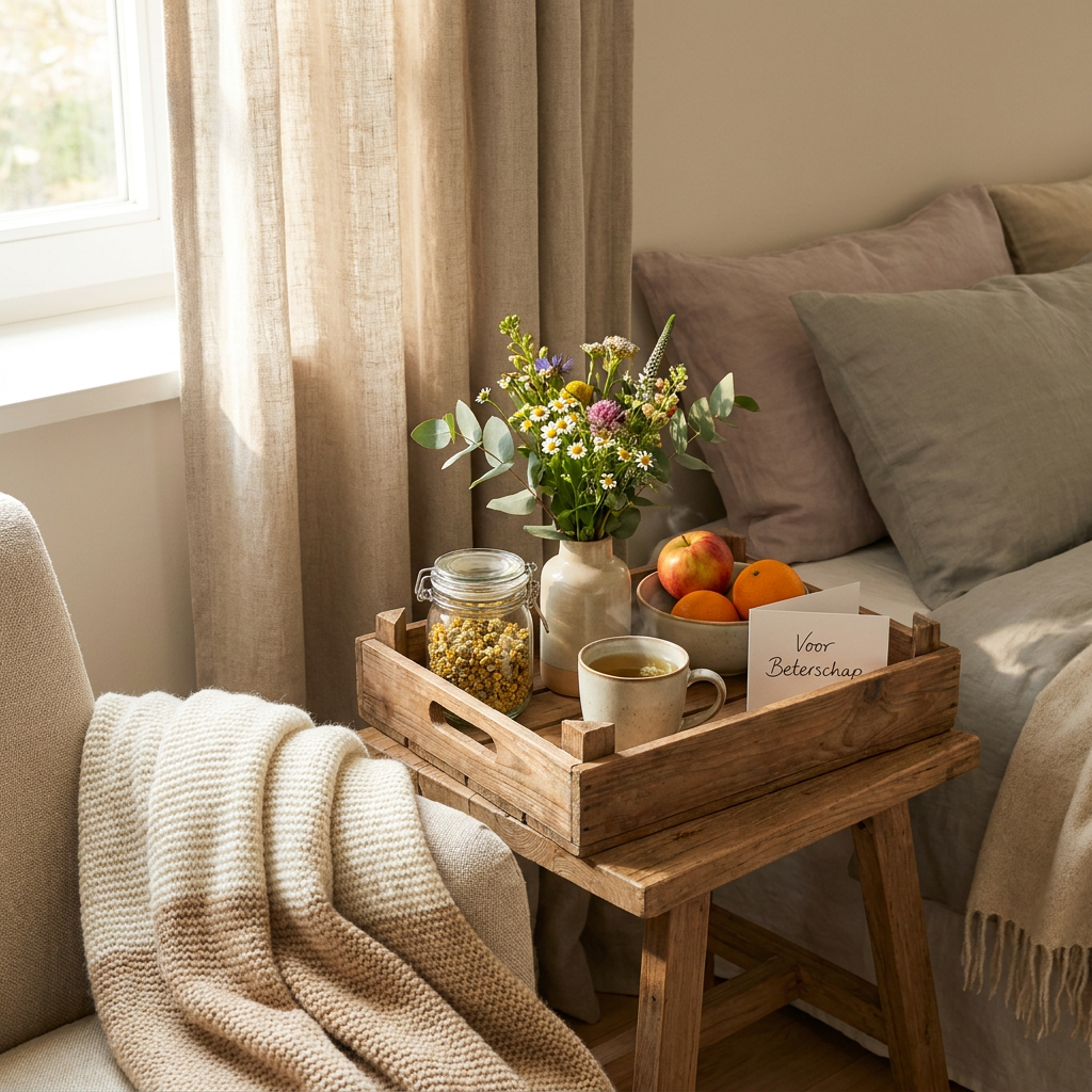 Cozy bedside scene with a care package, tea, fresh flowers and a handwritten card, styled as a warm get well gift for recovery.