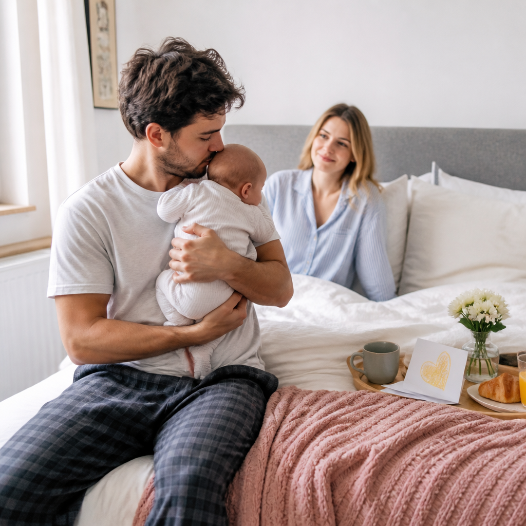 Young father in a bright European bedroom holding his baby while his partner smiles nearby, creating a warm first Father’s Day moment.