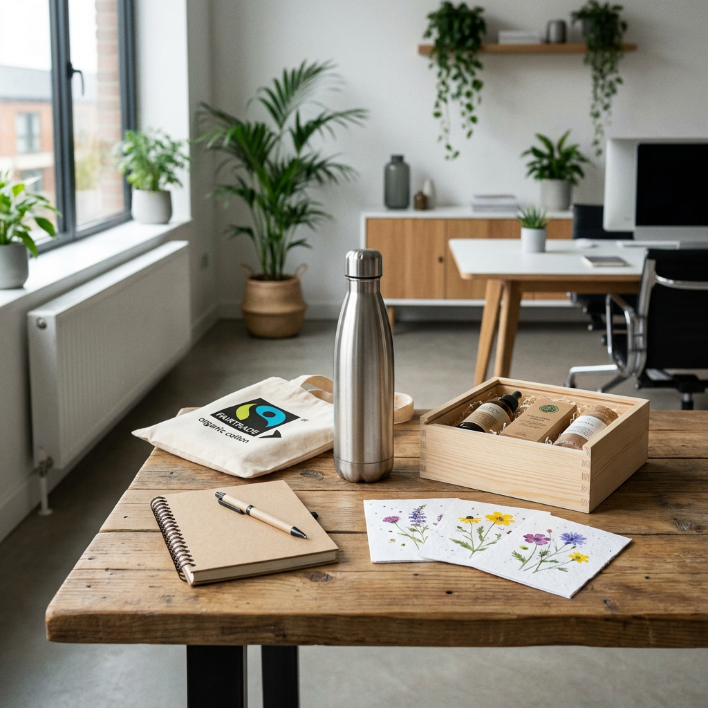 Stijlvol bureau met duurzame relatiegeschenken zoals herbruikbare fles, gerecycled notitieboek, katoenen tas en zaadpapier in zacht daglicht