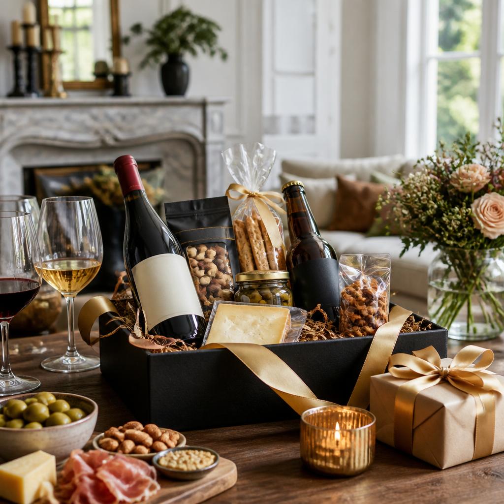 Feestelijk borrelpakket op een houten tafel met wijn, bier, snacks en verjaardagsdecoratie in warm daglicht, gefotografeerd in een gezellige woonkamer.