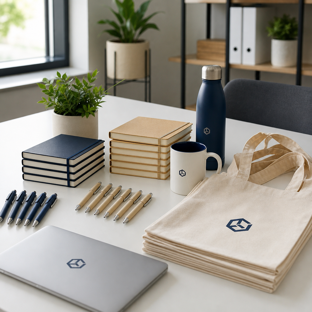 Assorted budget-friendly promotional gifts with logo, including pens, notebooks and tote bags, arranged on a bright desk in a modern office.