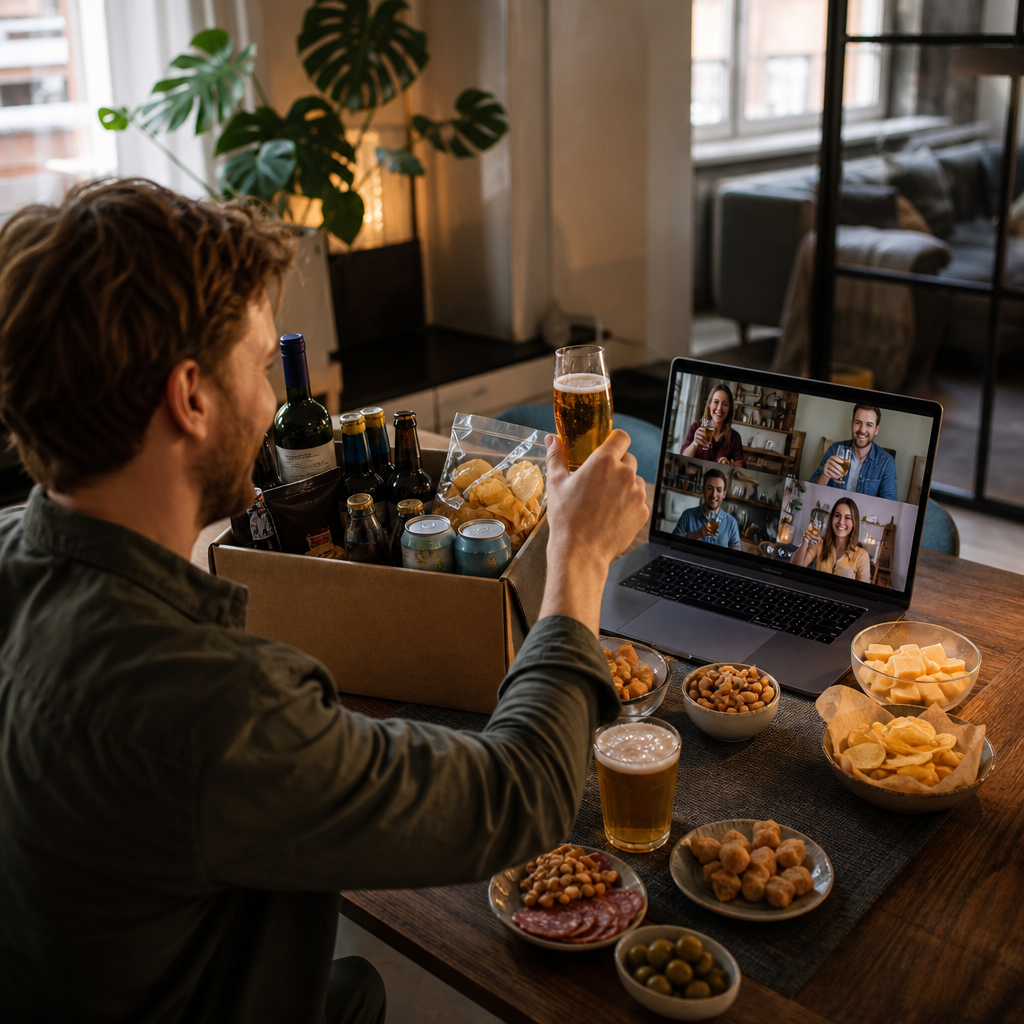 Stylish Friday drinks package on a wooden table with craft beers, wine, snacks and a laptop, set for a cosy office or home borrel.