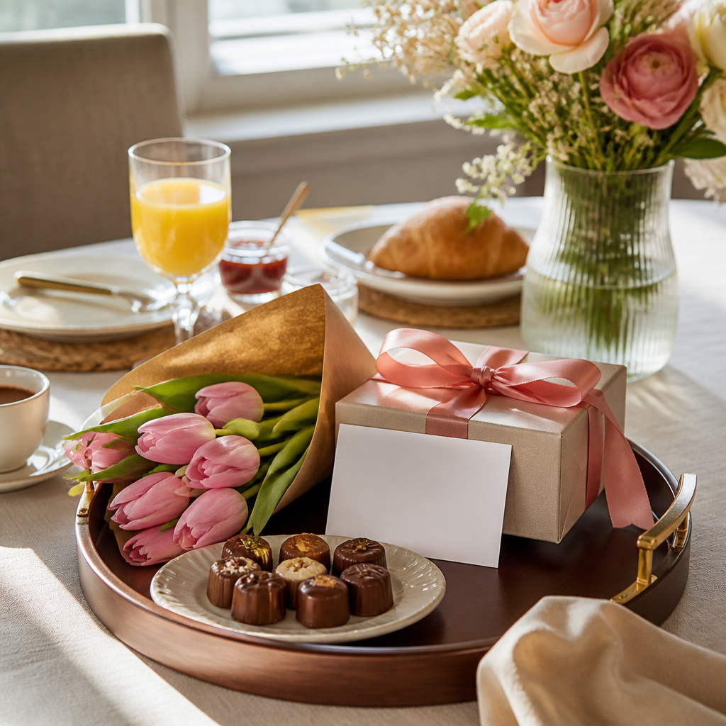 Luxe bonbons en een chocoladegeschenk op een stijlvol dienblad met bloemen en kaart, in zacht daglicht op een elegante Europese tafel.