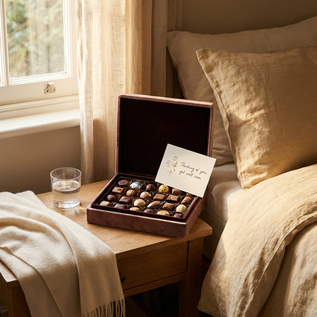 Open gift box with elegant chocolates, a small get-well card and soft blanket on a bedside table in warm natural daylight.