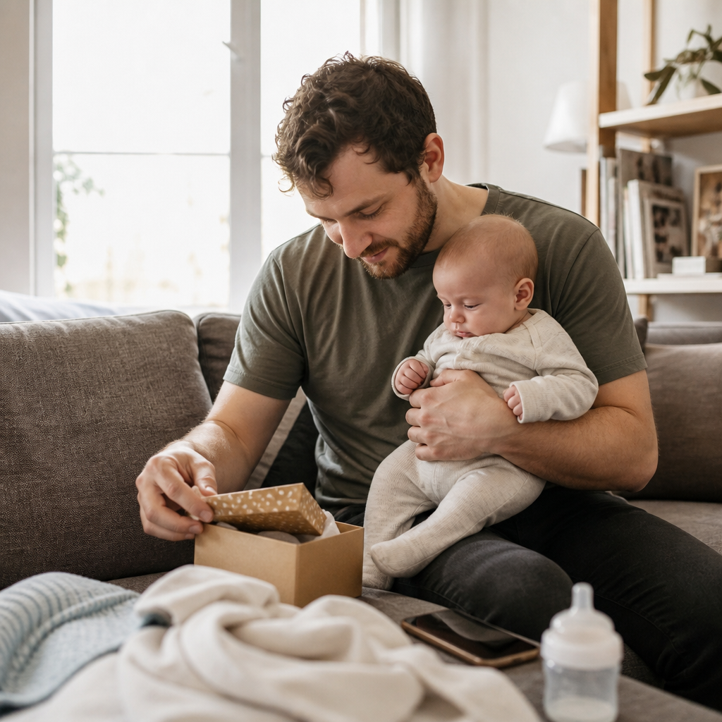 New father sits on a sofa holding his baby while opening a small thoughtful gift box in a warm, modern living room with soft morning light.