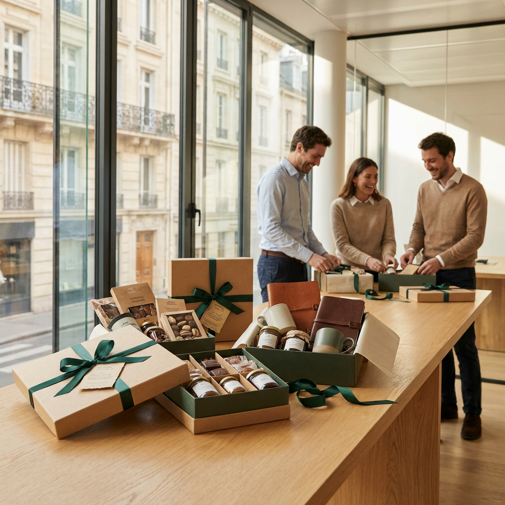 Elegant gift boxes with ribbons and gourmet treats arranged on a bright office desk as colleagues prepare thoughtful employee presents.