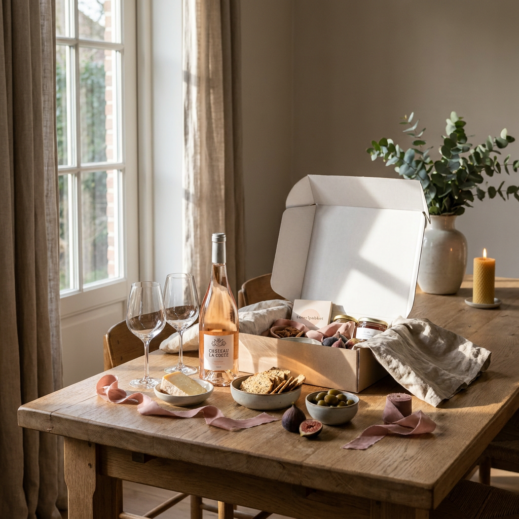 Stijlvol borrelpakket voor haar met wijn, glazen, hapjes en cadeauverpakking op een lichte tafel in een warm Europees interieur.