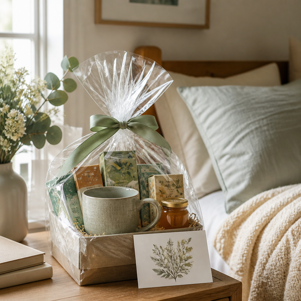 Warm tea gift set with herbal teas, mug, honey and a small card on a bedside table in soft natural light, creating a comforting get well mood.