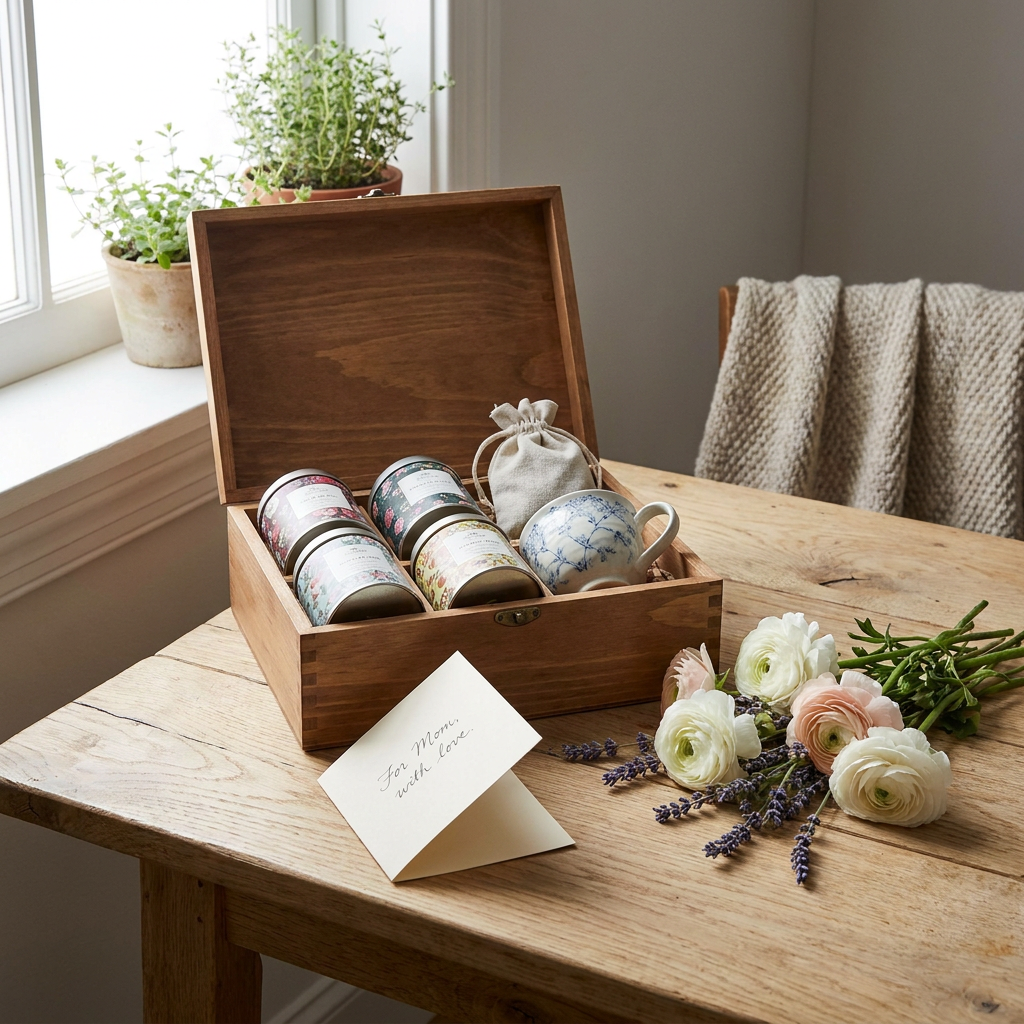 Stijlvolle theecadeaubox voor Moederdag op een lichte tafel met losse thee, kopje, bloemen en zachte ochtendzon in een warm Europees interieur.