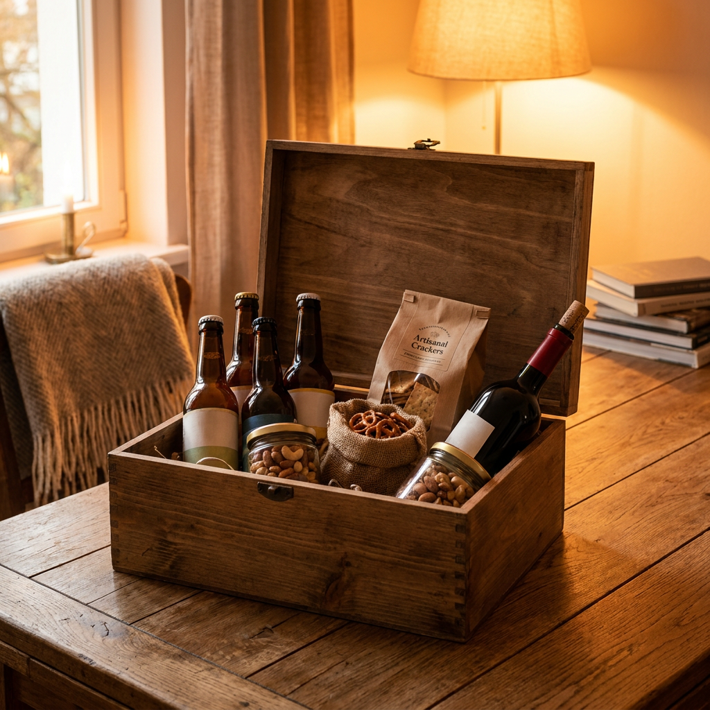 Luxe borrelpakket voor hem op een houten tafel met speciaalbier, rode wijn, nootjes en hartige snacks in warm avondlicht.