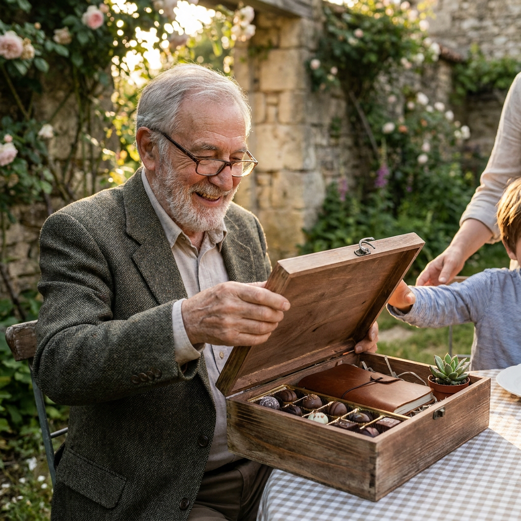 Opa opent glimlachend een stijlvolle giftbox aan een zonnige tuintafel, met kleine lekkernijen en een warme familiestemming.