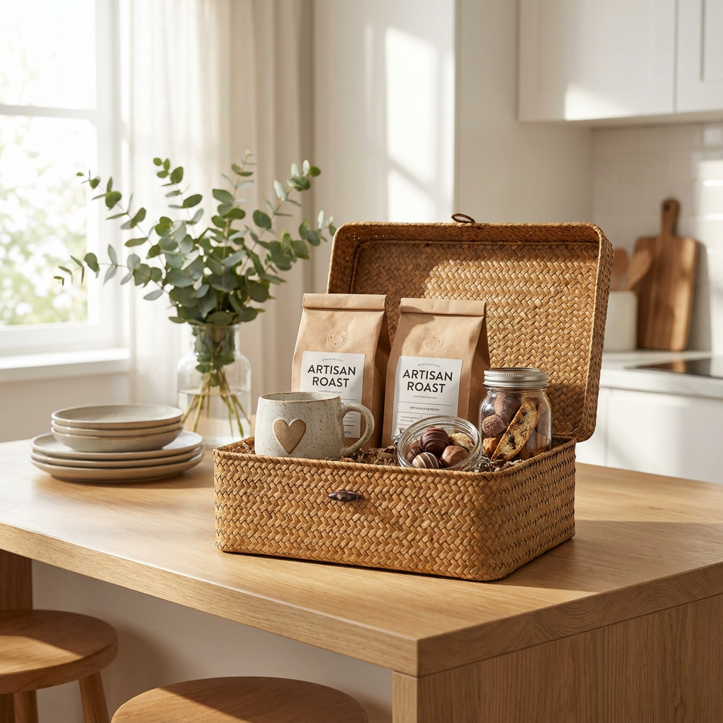 Open geschenkdoos met koffie, mok en zoete lekkernijen op een lichte keukentafel, warm daglicht en een verzorgde Moederdag sfeer.
