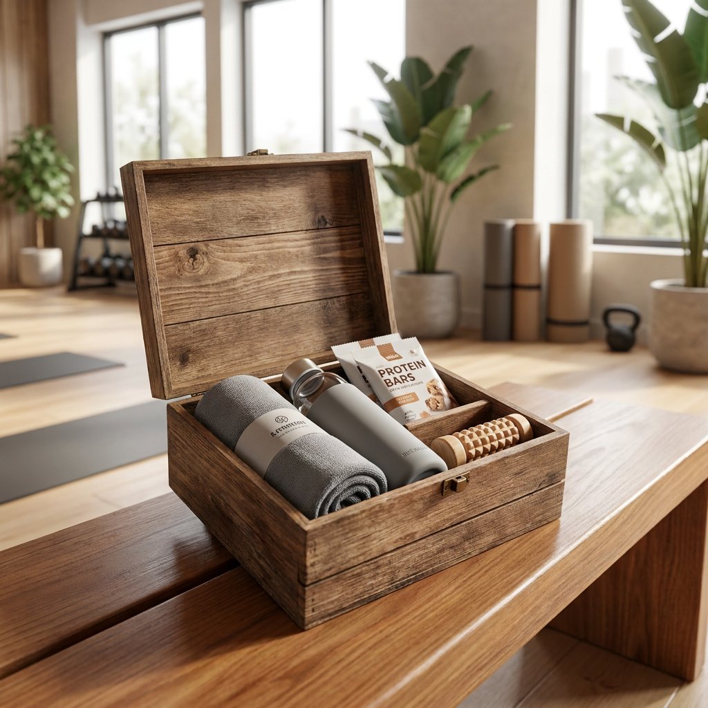 Open sports gift box on a wooden bench with protein snacks, water bottle, towel and massage ball in bright natural gym light.