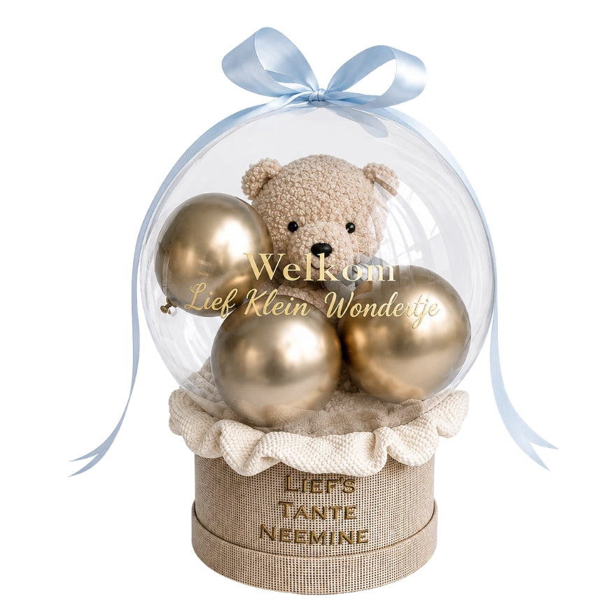 Baby Ballon Cadeau met Teddybeer & Gouden Ballonnen