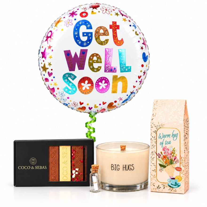 Beterschap Verwenbox met Get Well Soon Ballon, Thee & Chocolade