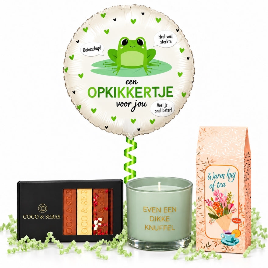 Beterschap Verwenpakket met Ballon, Chocolade, Thee & Geurkaars