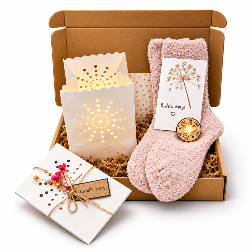 Brievenbus Cadeau Licht Puntje met Candlebag en Wollen Sokken