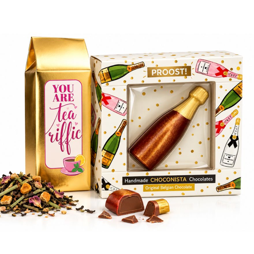 Chocolade Champagnefles & Thee – Feestelijk Proost Cadeau