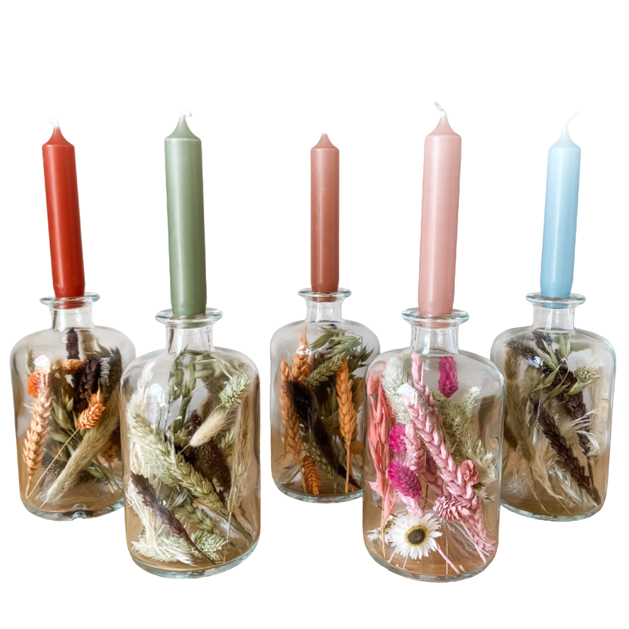 Fles met droogbloemen & kaarsen