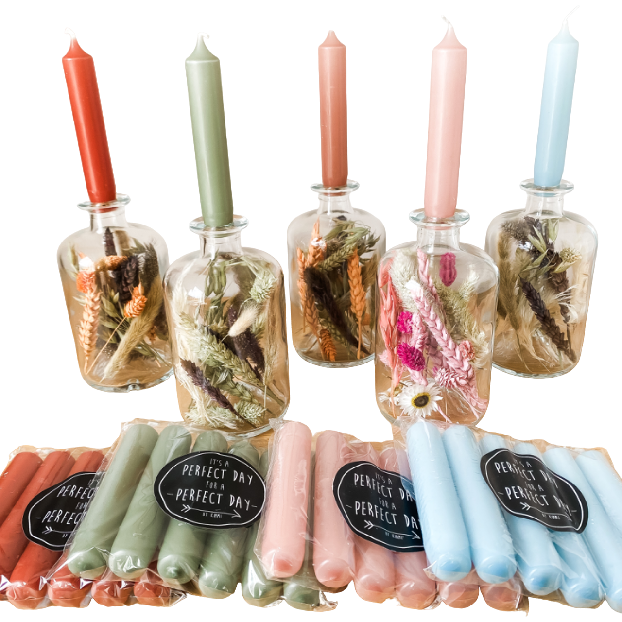 Fles met droogbloemen & kaarsen