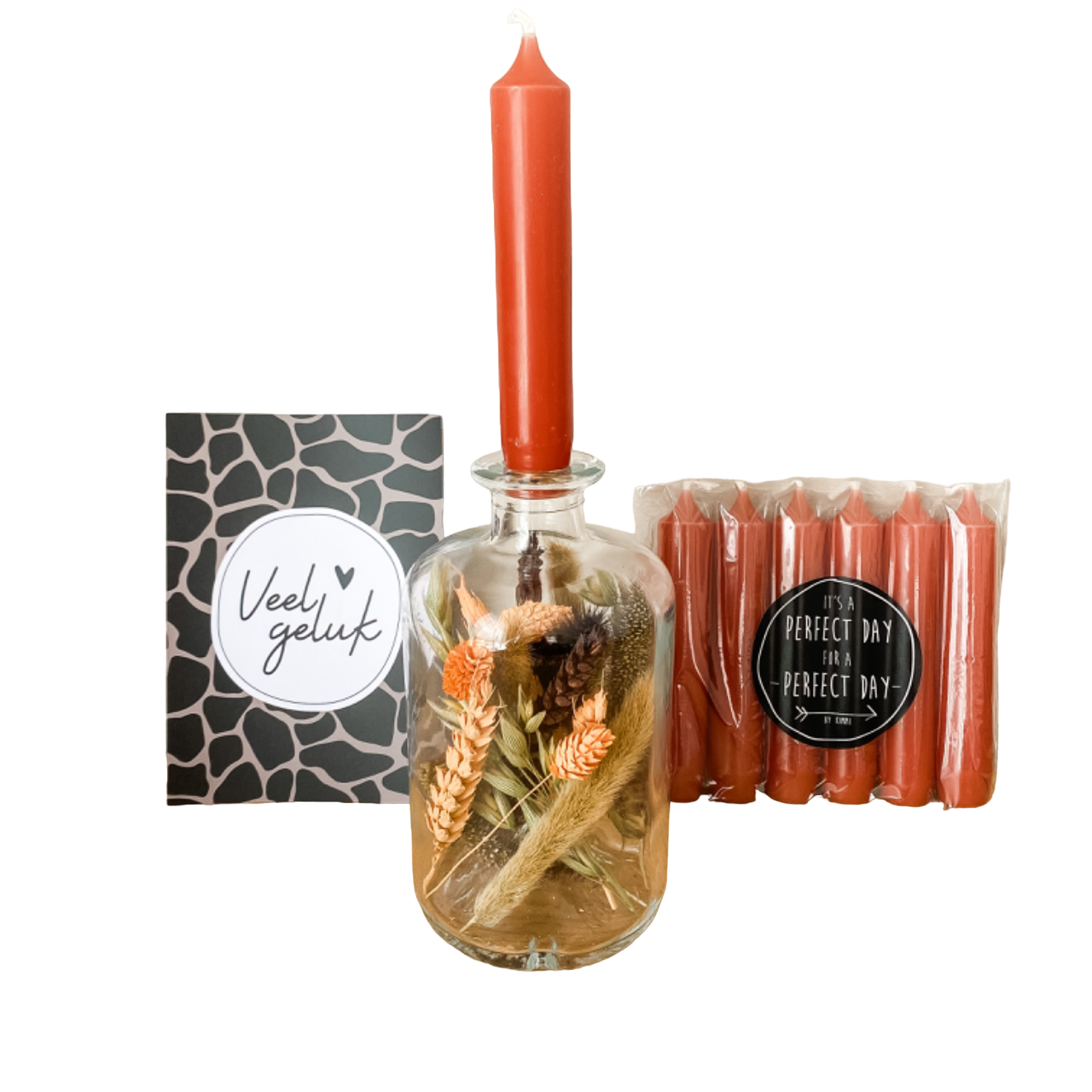 Fles met droogbloemen & kaarsen