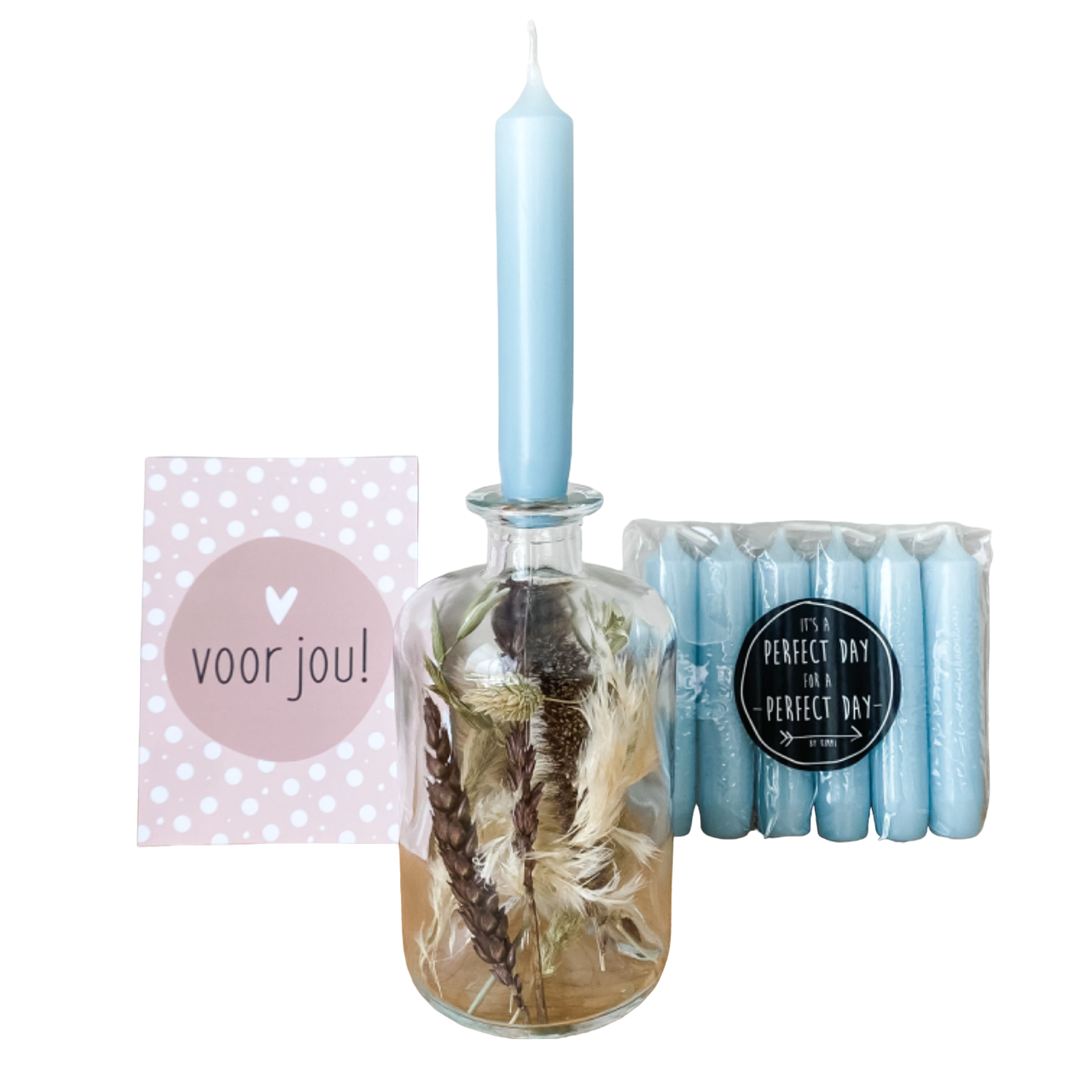 Fles met droogbloemen & kaarsen