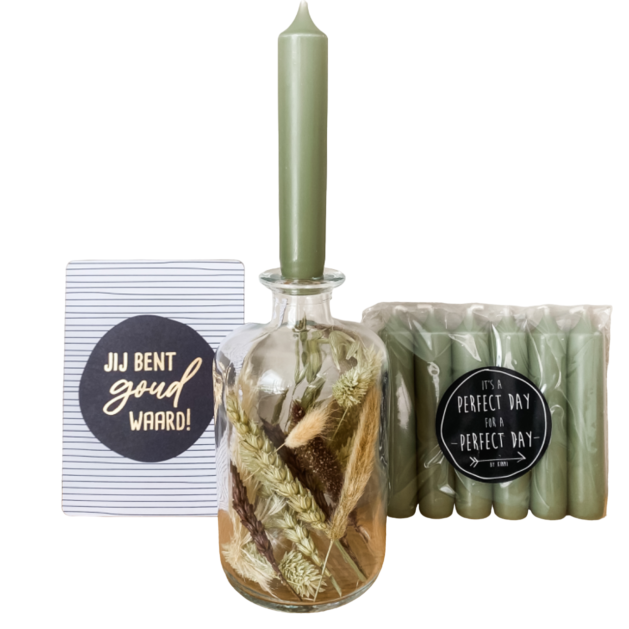 Fles met droogbloemen & kaarsen