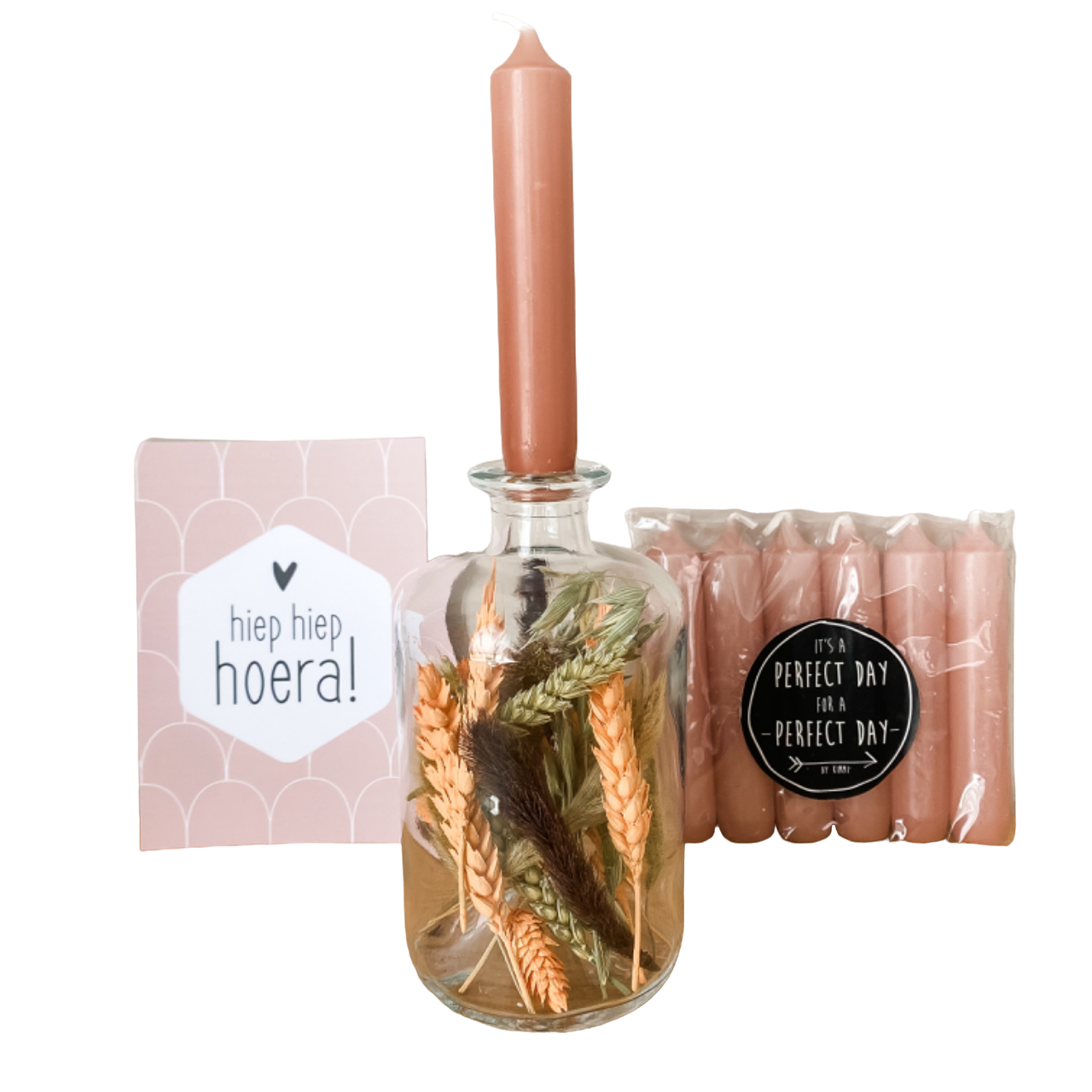 Fles met droogbloemen & kaarsen