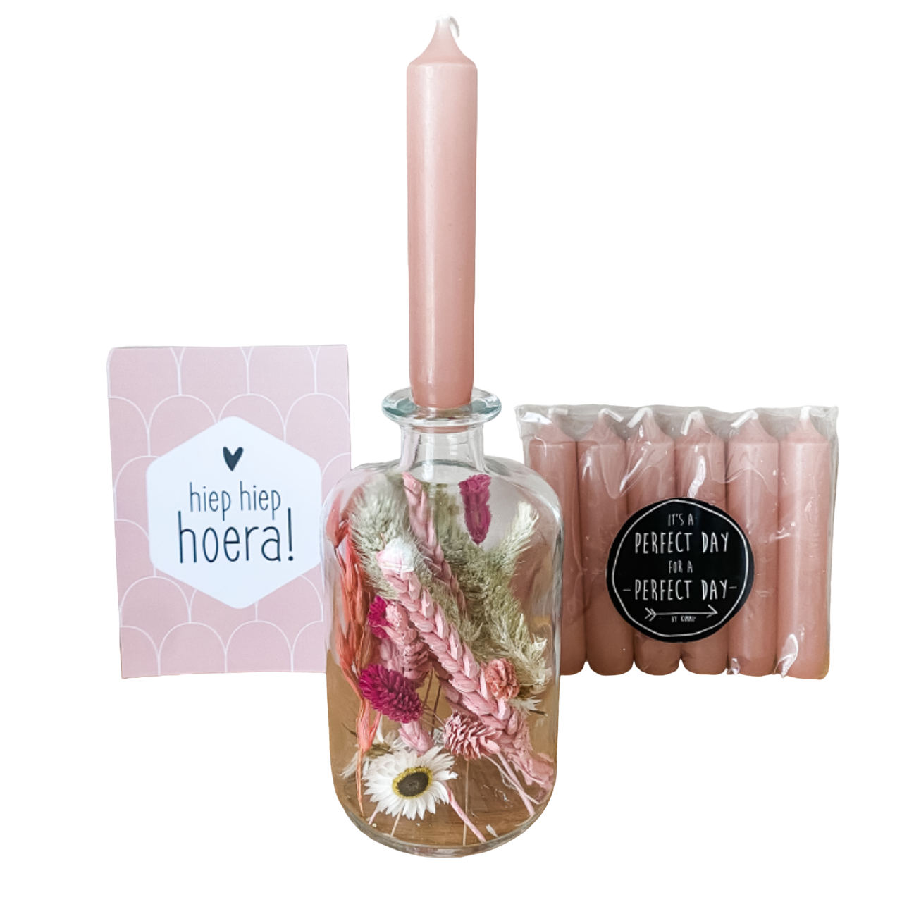 Fles met droogbloemen & kaarsen