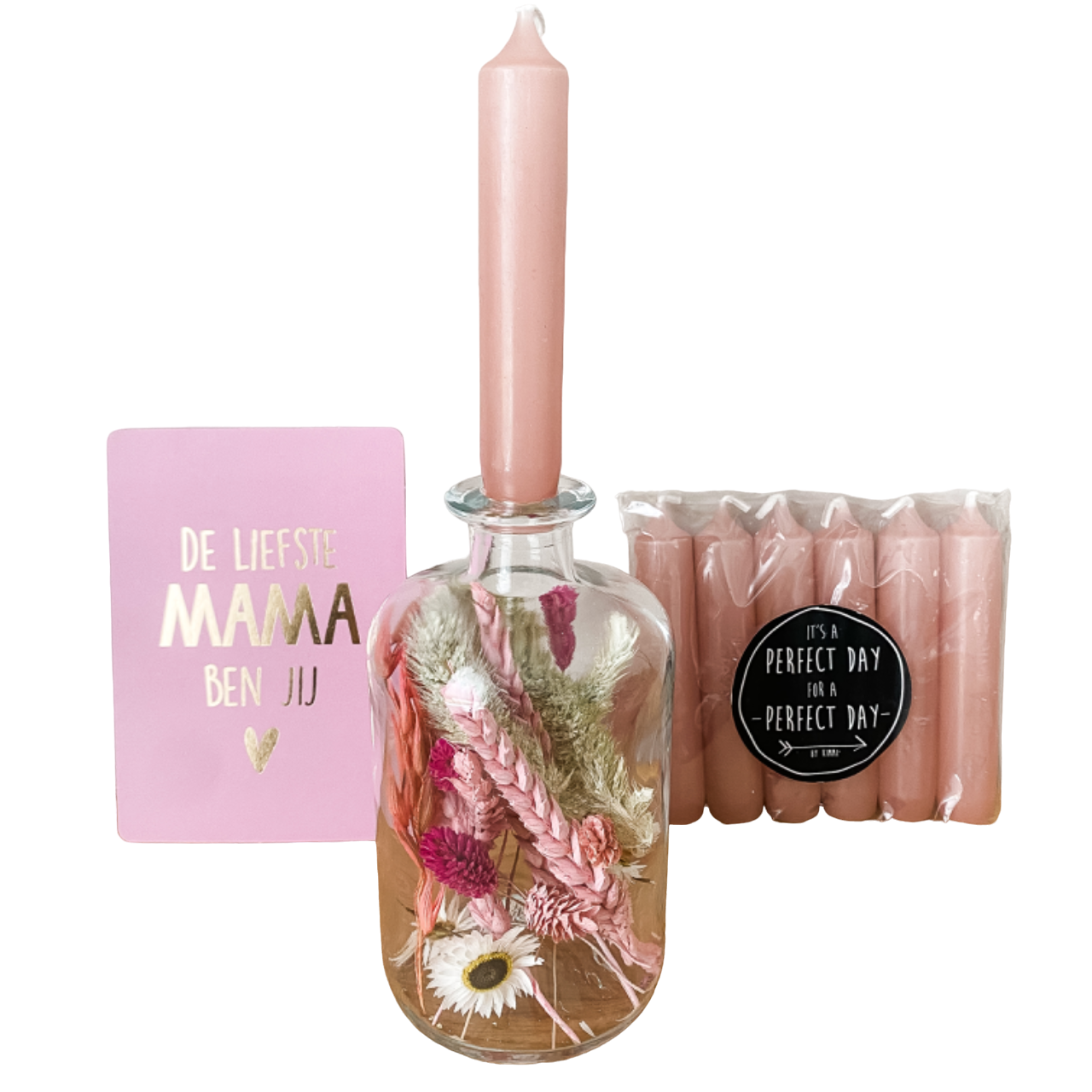 Fles met droogbloemen & kaarsen