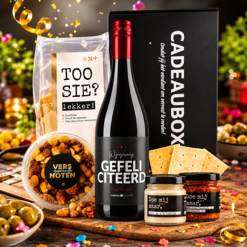 Gefeliciteerd wijncadeau | Wijnzinnig Gefeliciteerd + snacks