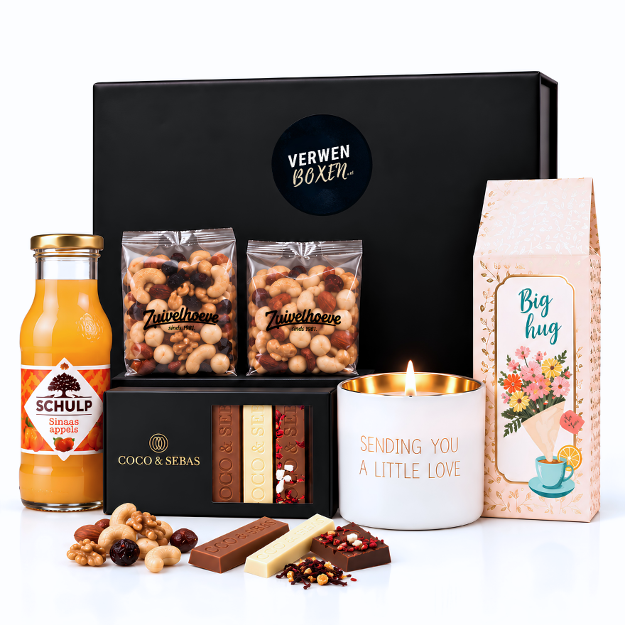 Get well Soon Luxe Verwenpakket – Chocolade, Thee, Nootjes, Sap & Kaars