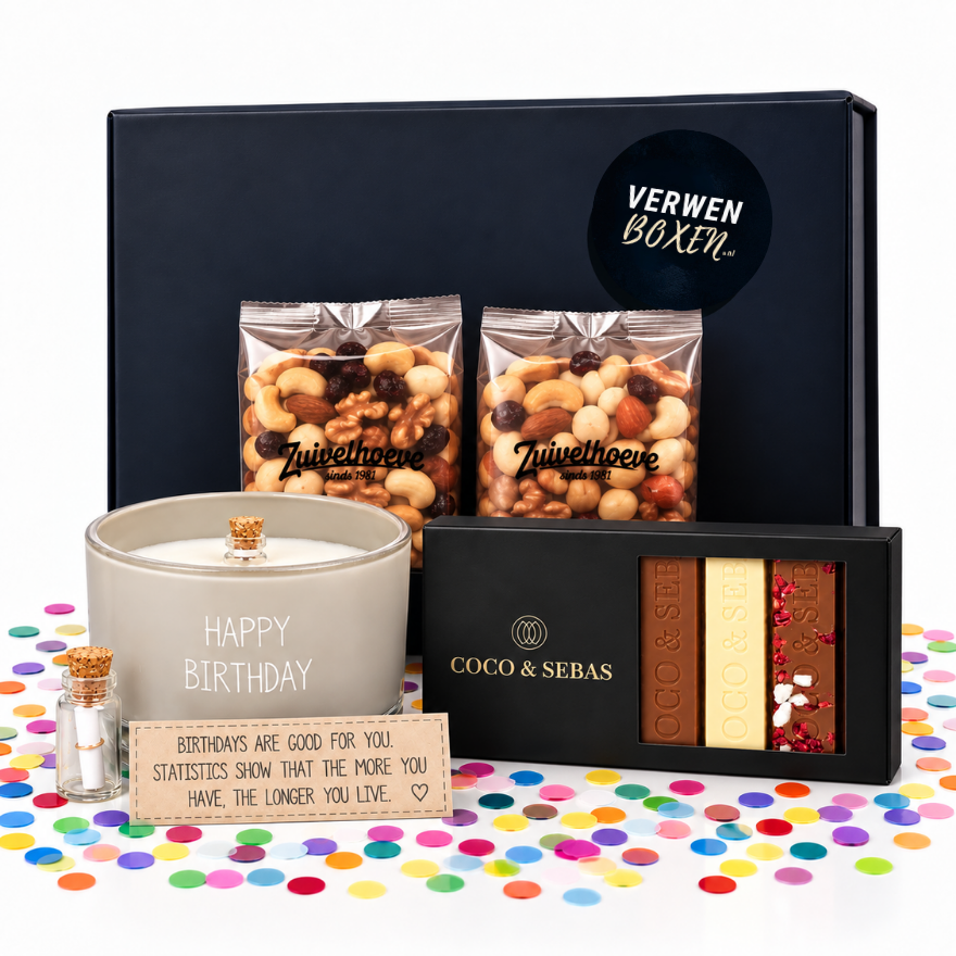 Happy Birthday Verwenpakket – Chocolade, Nootjes & Kaars