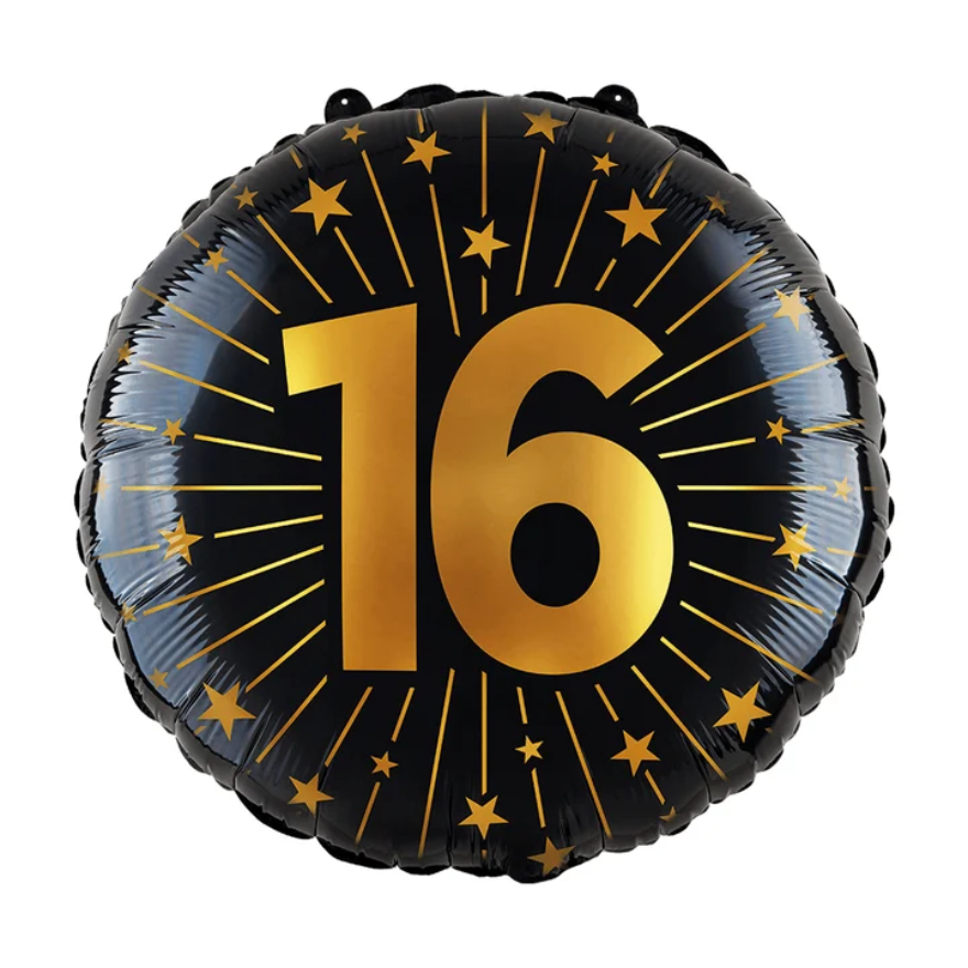 Zwarte Folieballon 16 Jaar met Gouden Sterren