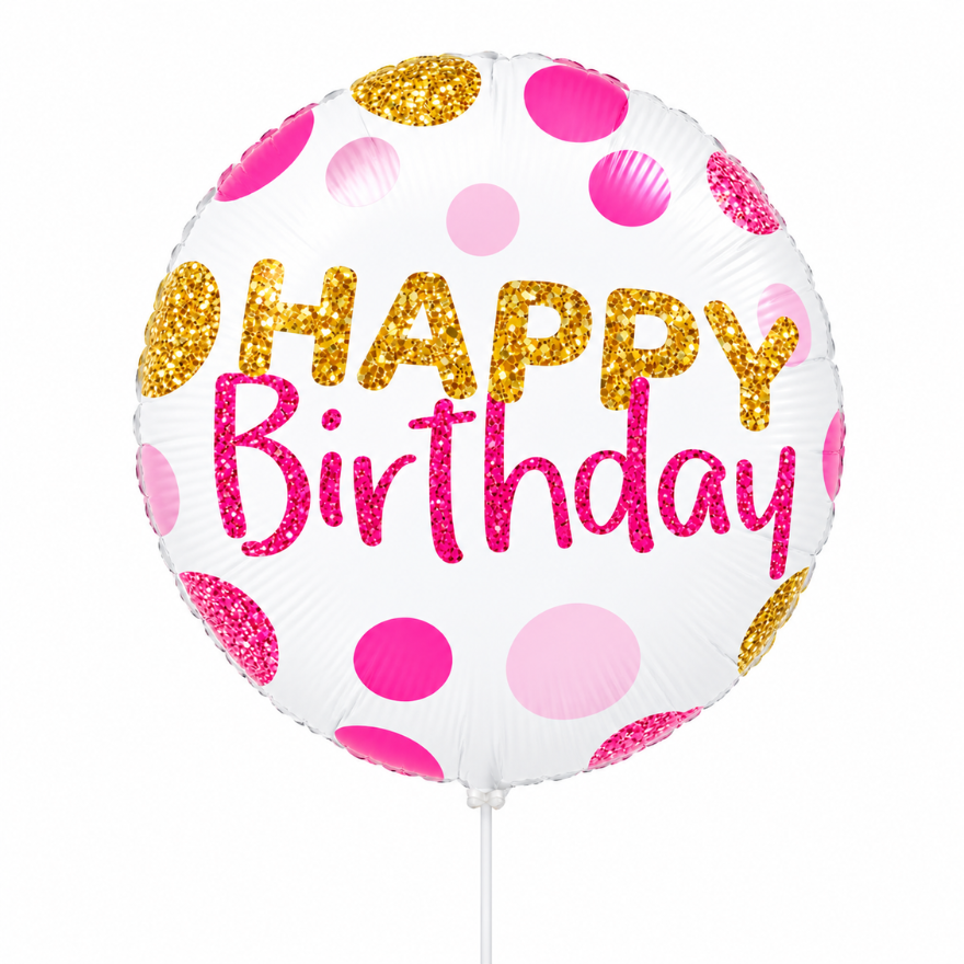 Happy Birthday heliumballon – Wit met Roze en Gouden Stippen