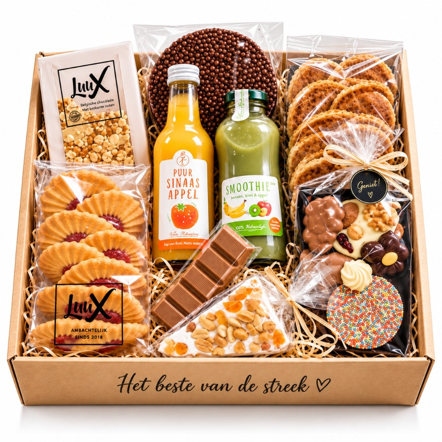 Het beste van de streek cadeaubox groot met koekjes, chocolade en smoothie