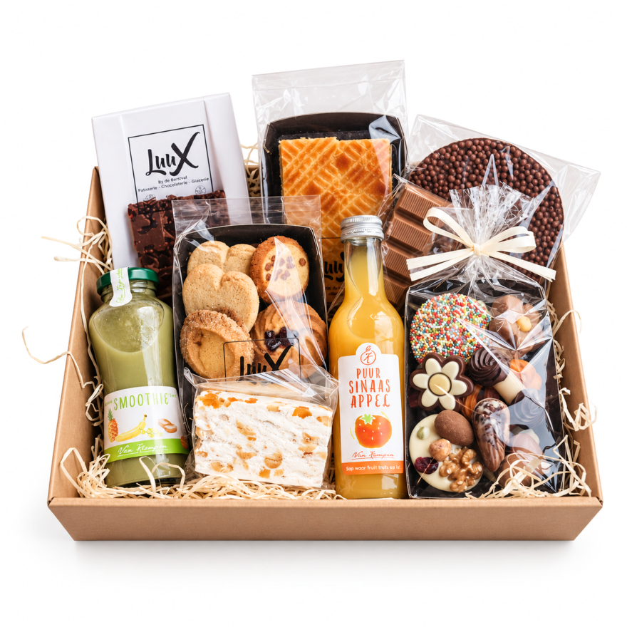Het beste van de streek cadeaubox groot met koekjes, chocolade en smoothie