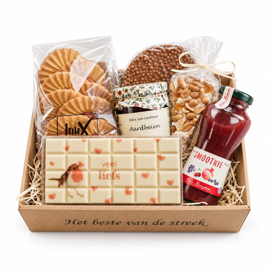 Het beste van de streek cadeaubox klein met koekjes, chocolade en smoothie