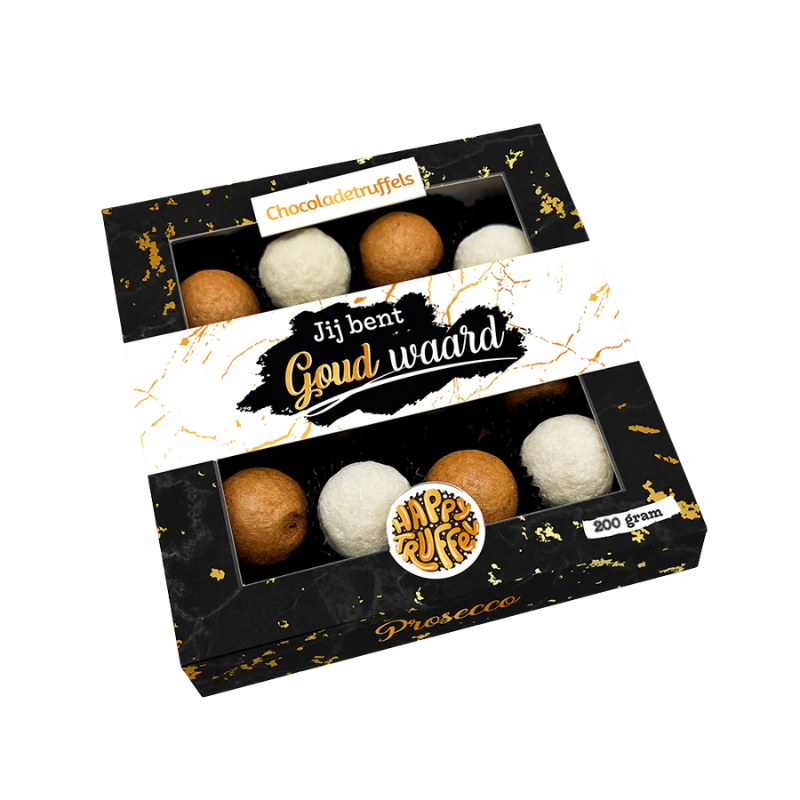 Chocoladetruffels - "Jij bent Goud Waard" (12 truffels) - HappyTruffels Prosecco