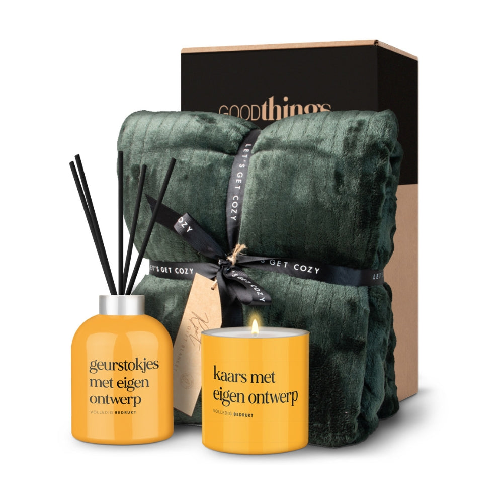 Gepersonaliseerd Wellnesspakket Kaars Geurstokjes en Plaid