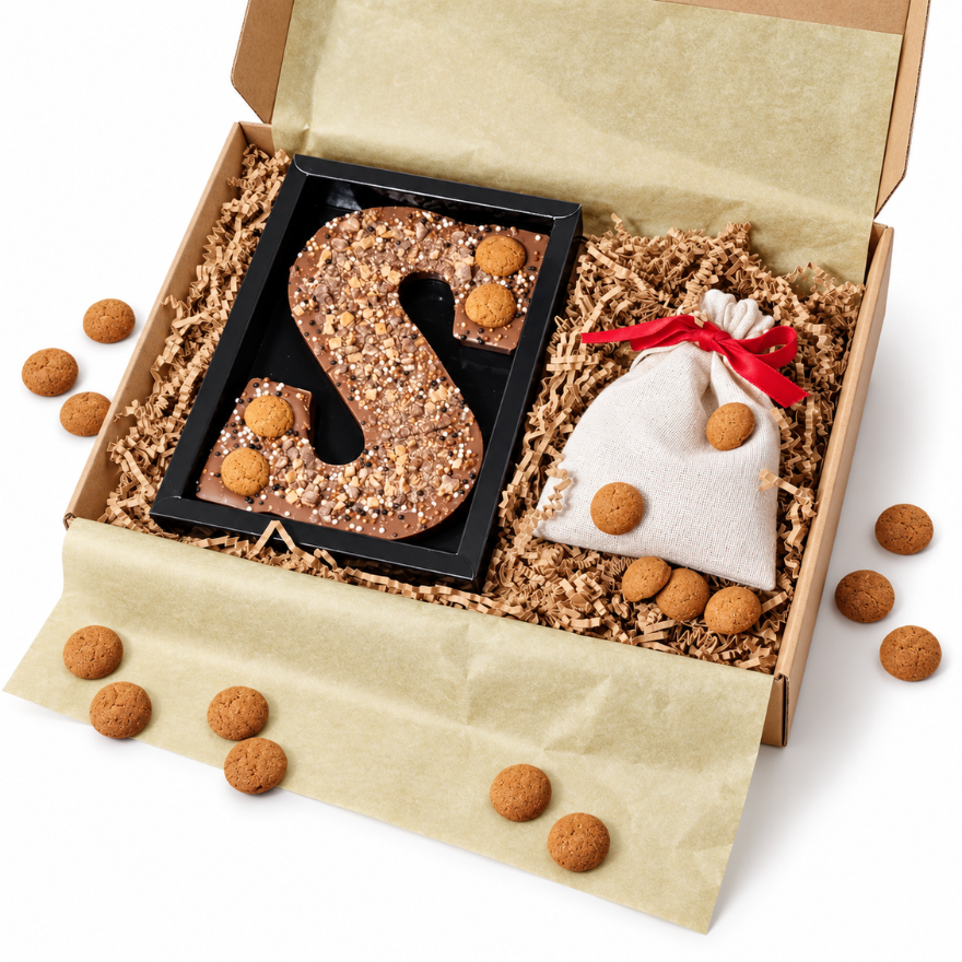 Sinterklaas pakket XL - Grote Chocoladeletter en een jute zakje met pepernoten