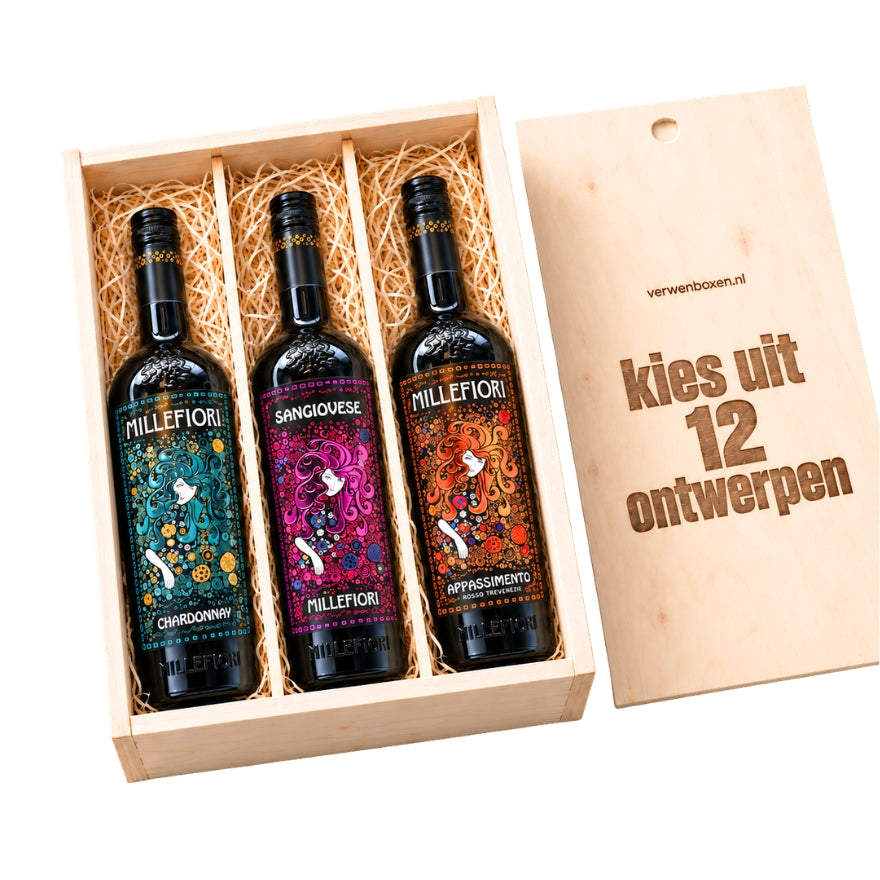 Millefiori wijntrio in houten wijnkist