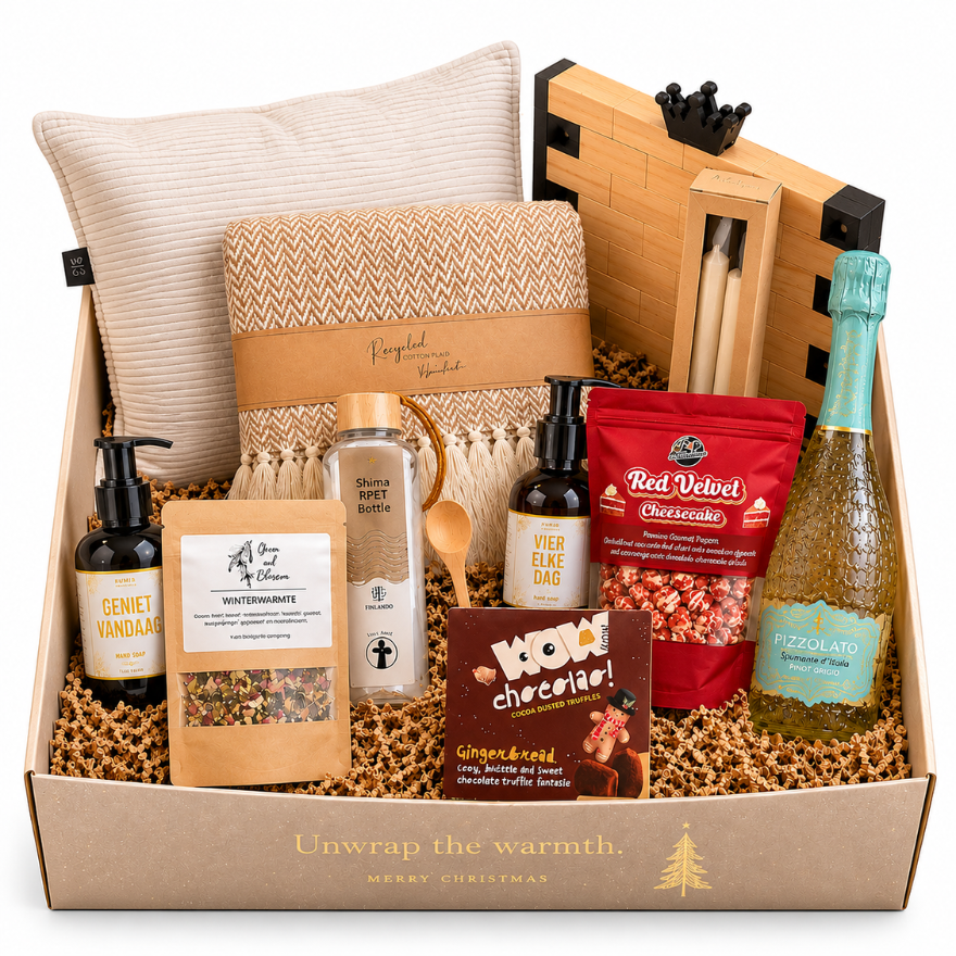 Cozy Christmas – Luxe Kerstpakket met Plaid, Bubbels & Spel
