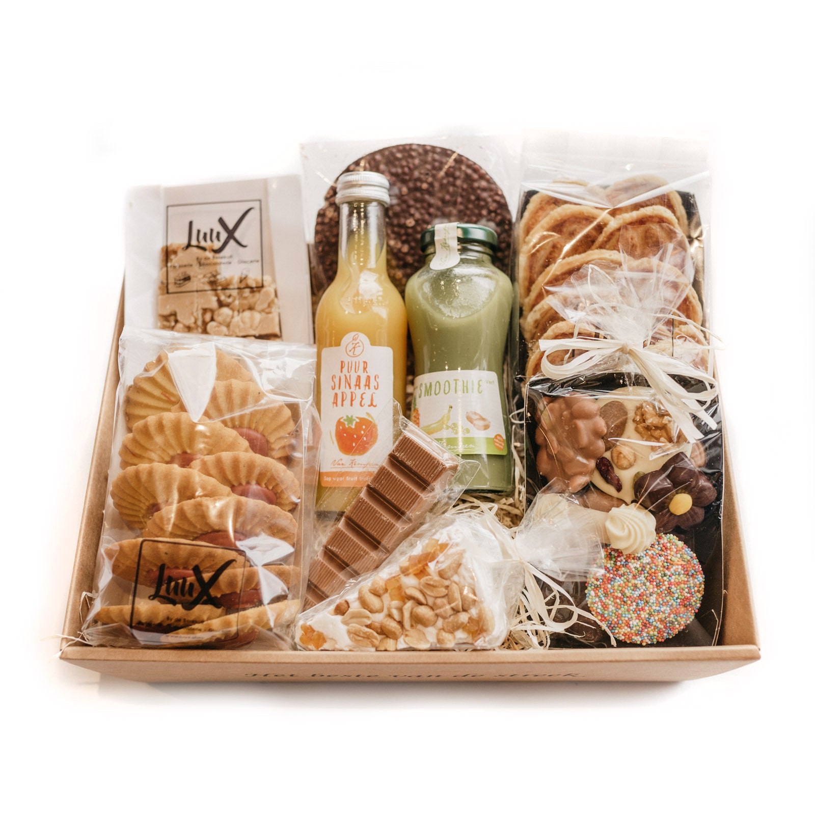 Het beste van de streek cadeaubox groot met koekjes, chocolade en smoothie
